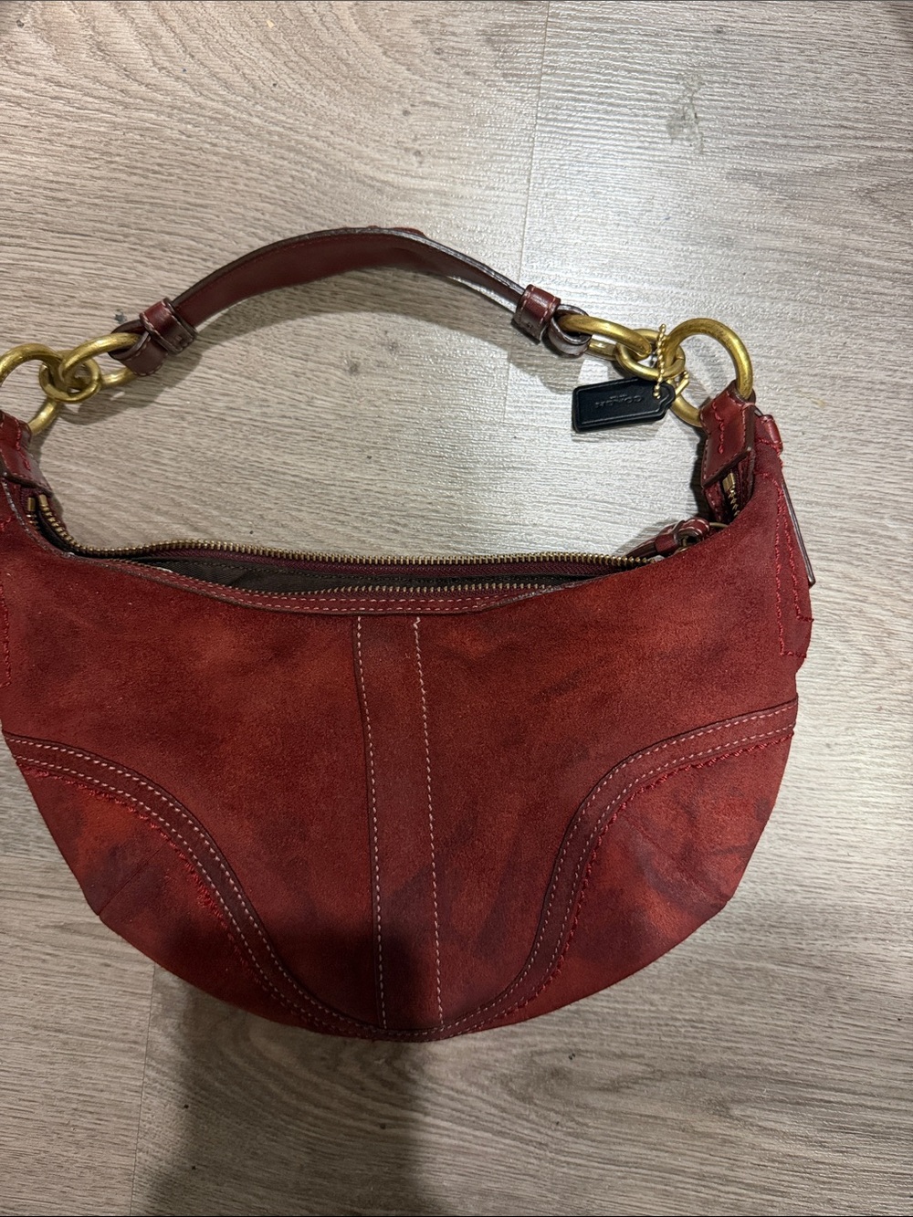 Coach Red Suede Shoulder Bag with Brass Rings